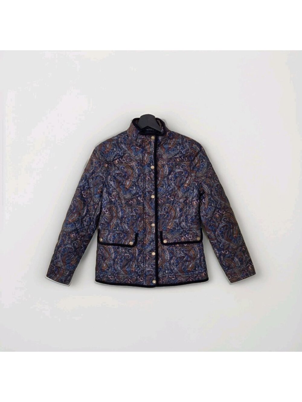 Talbots Petite Paisley Quilted Barn Jacket S P Blue Corduroy Trim Snap Zip Boho